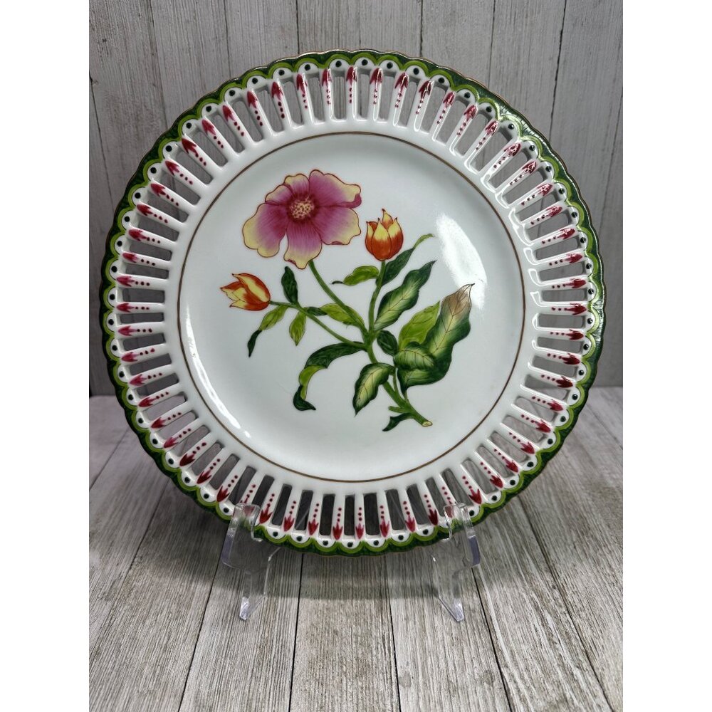 Vintage Chinese Oriental Accent Decorative Pierced Rim Plate Floral Design 10''